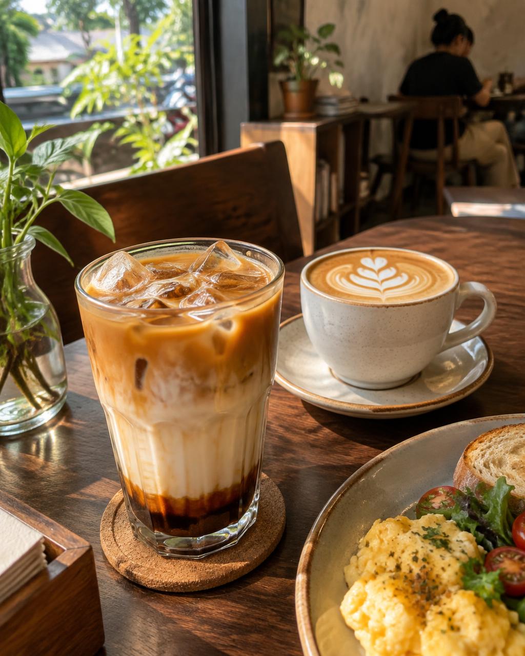 Iced coffee and latte beside breakfast