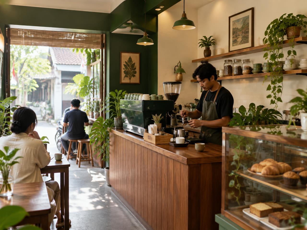 Warm neighborhood coffee shop interior